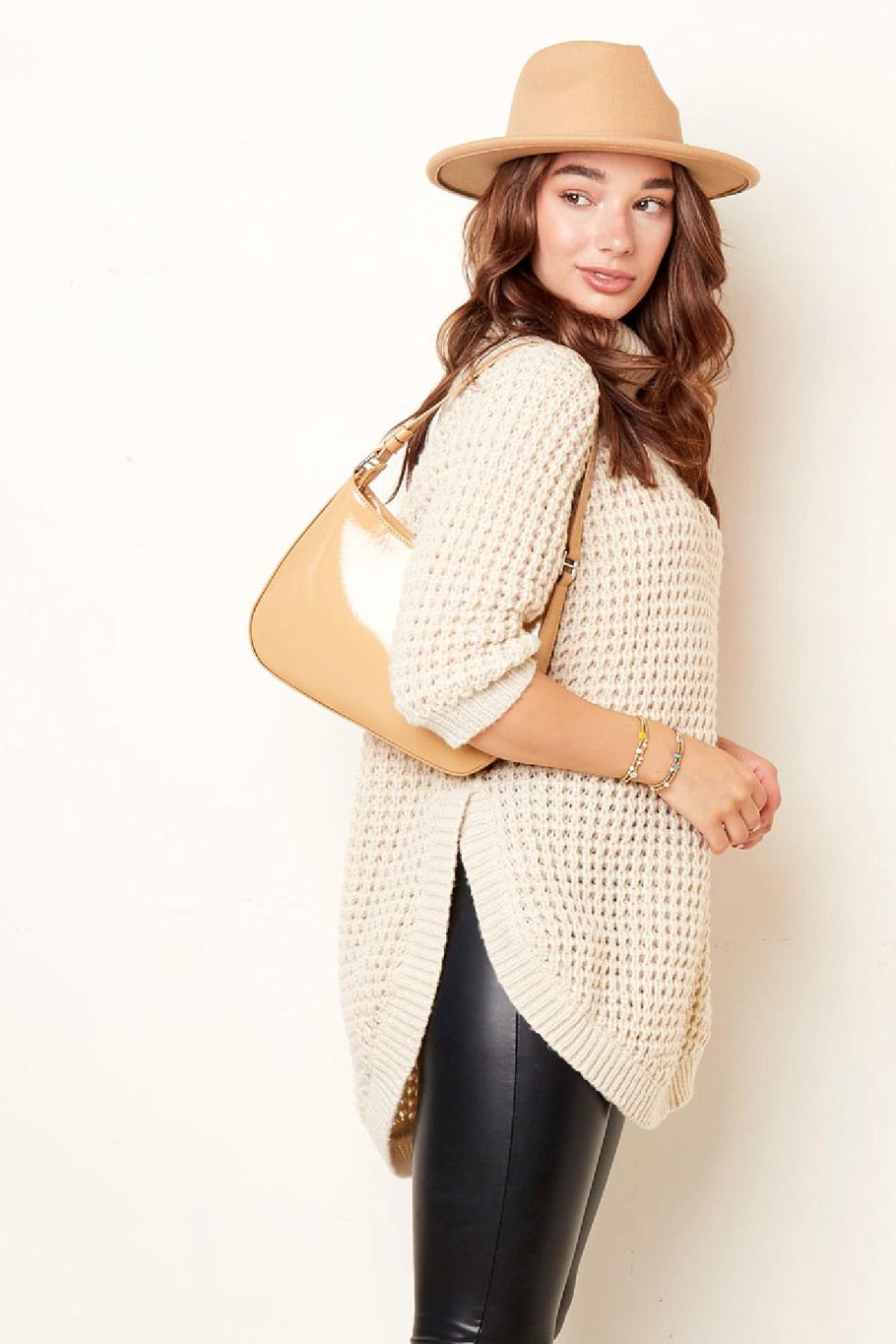 Langer Rollkragenpullover in Grobstrick Sand S/M Bild5